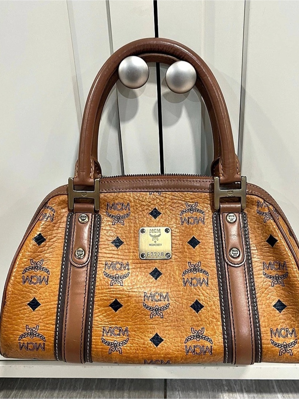 MCM Visetos Boston Satchel Bag Brown F7728